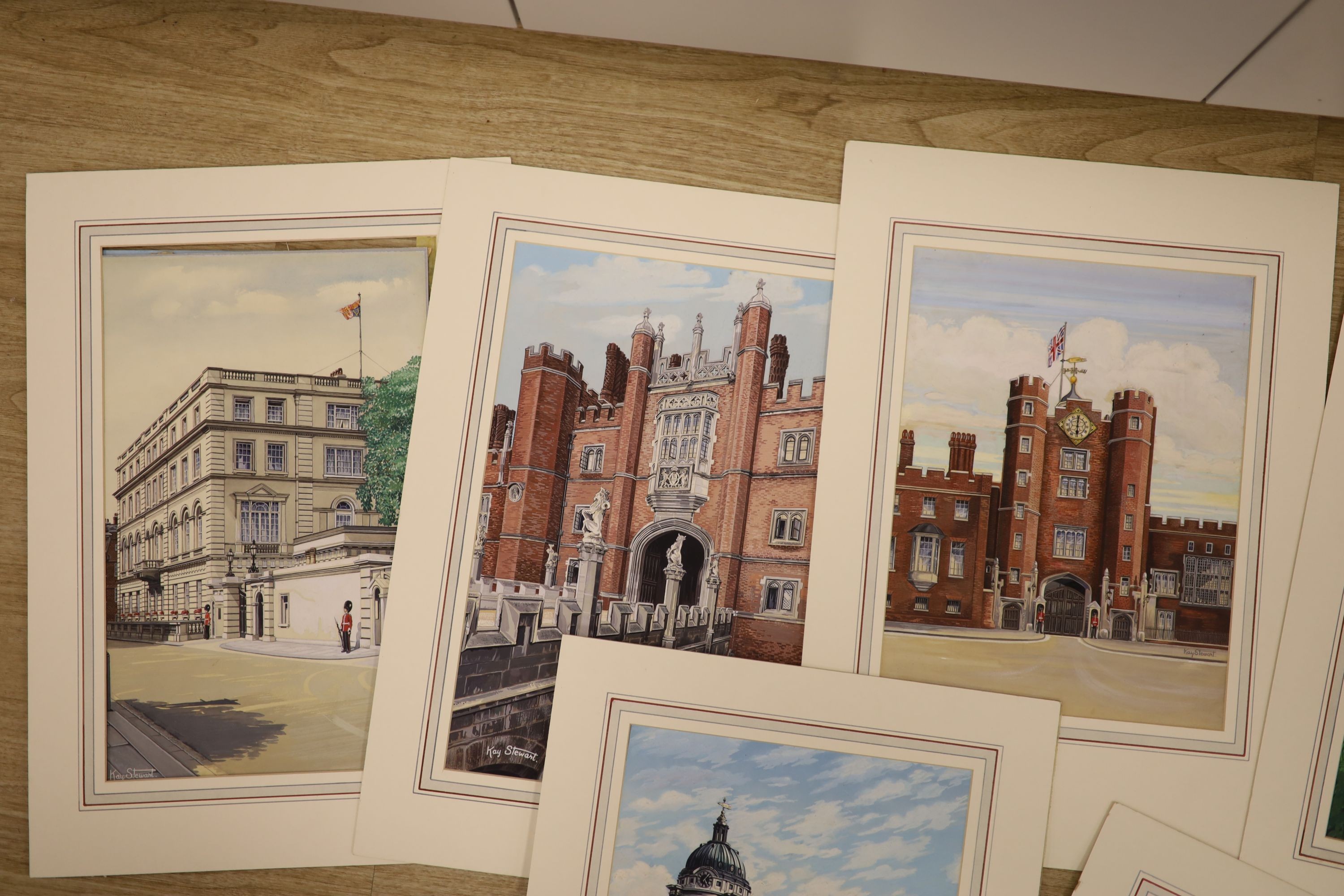 Kay Stewart (poster artist), eight assorted watercolours with gouache, Stiudies of Royal Palaces, including Glamis Castle, Balmoral, Royal Pavilion Brighton, Marlborough House, Hatfield House, Hampton Court (2), Statue o